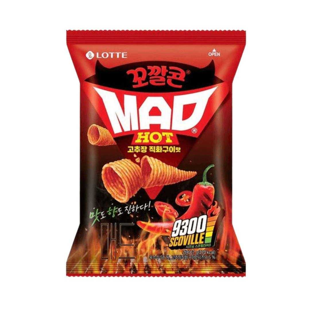Bright red Lotte Kkokkalcorn Mad Hot cone-shaped corn snack bag with cartoon graphics