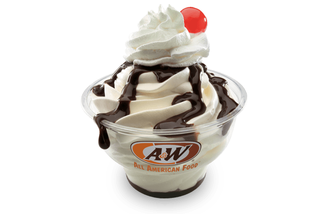 vanilla sundae with a&w root beer drizzle with red cherry on top
